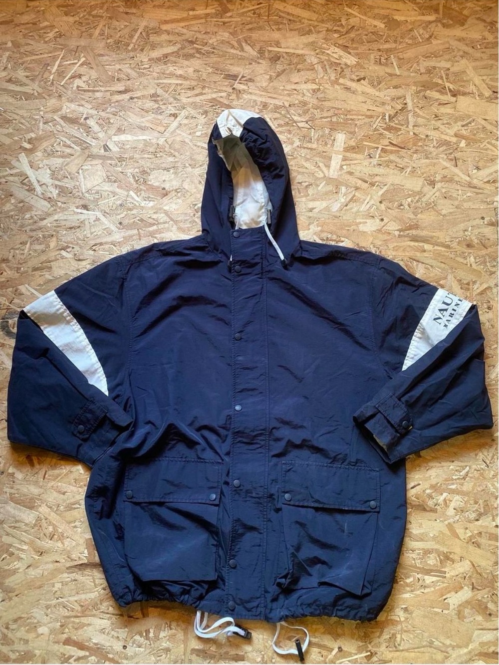 Nautica Vintage Navy Hooded Windbreaker Jacket  with White Sleeve Panels
